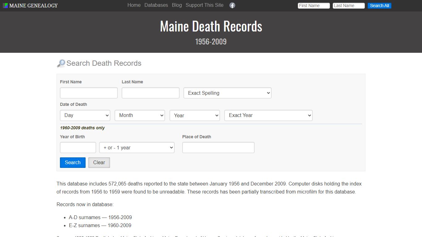 Maine Death Records, 1956-2009 | Maine Genealogy